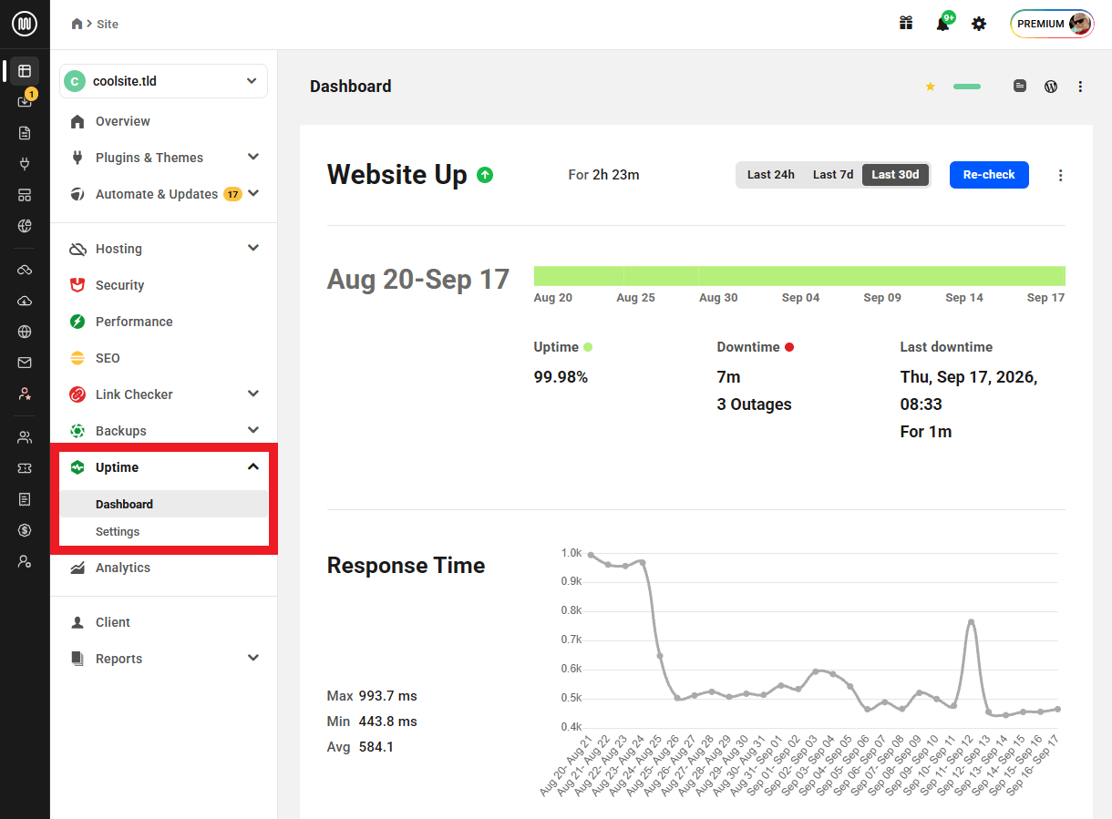 Uptime dashboard in the Hub