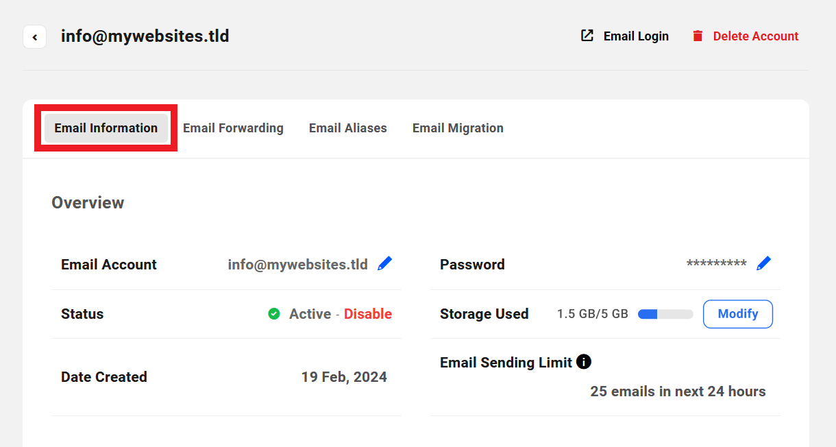 Email account information