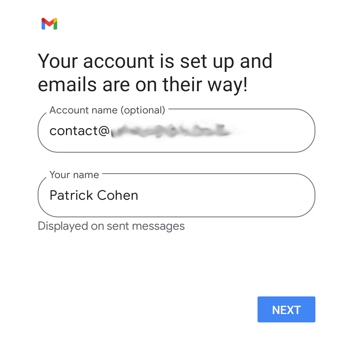 Email account setup complete in the Gmail app