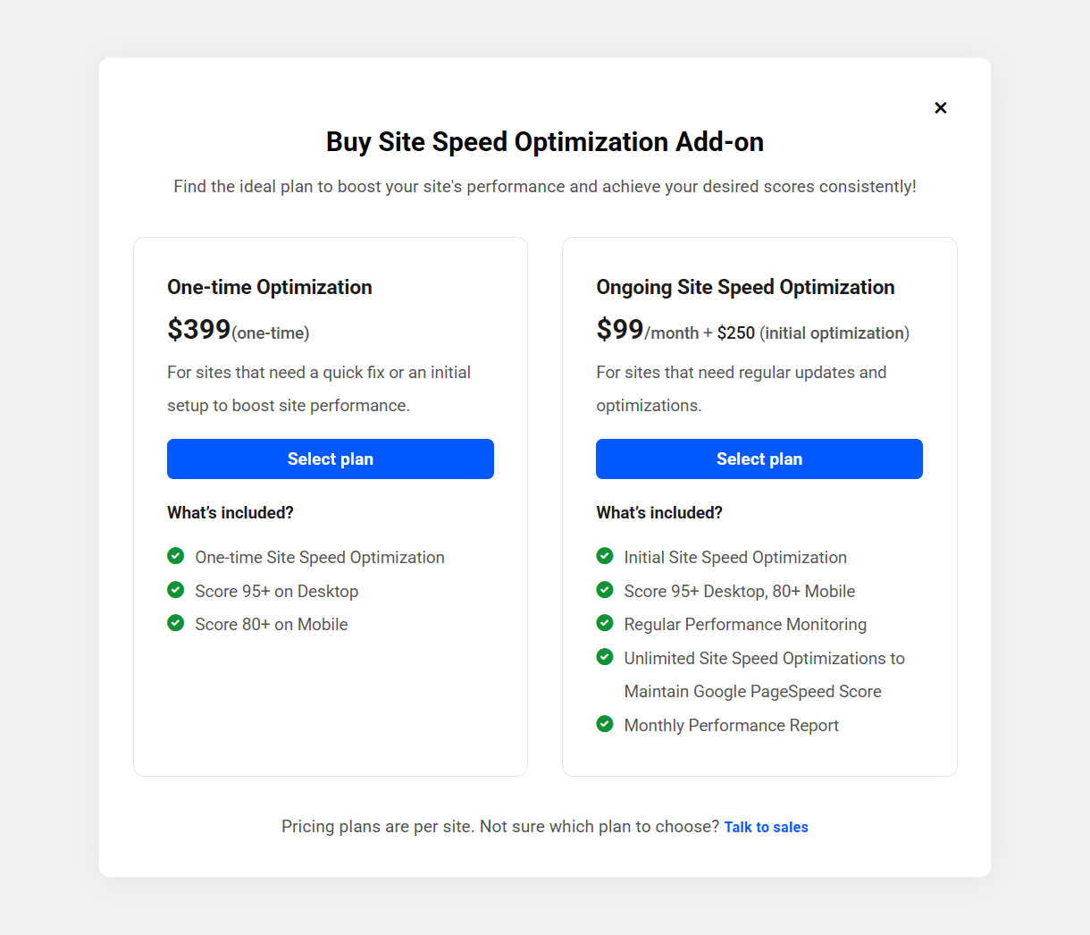 Select Site Speed Optimization plan