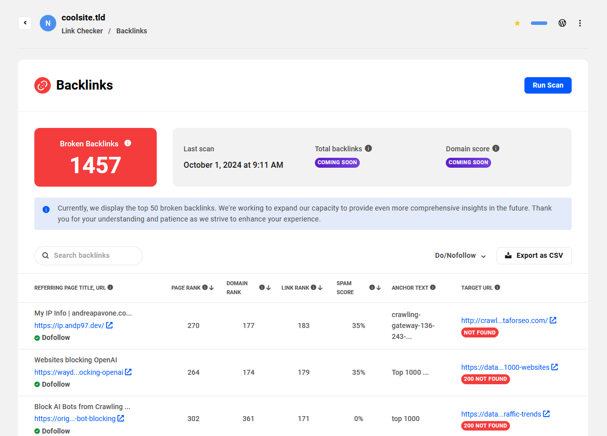 Backlinks scan completed in the Hub with broken links found
