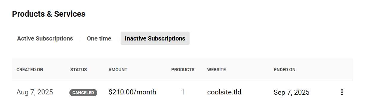 Client's inactive site products in your client portal