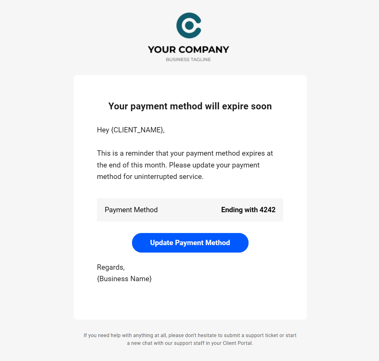 Client billing email to client example - payment method expires soon