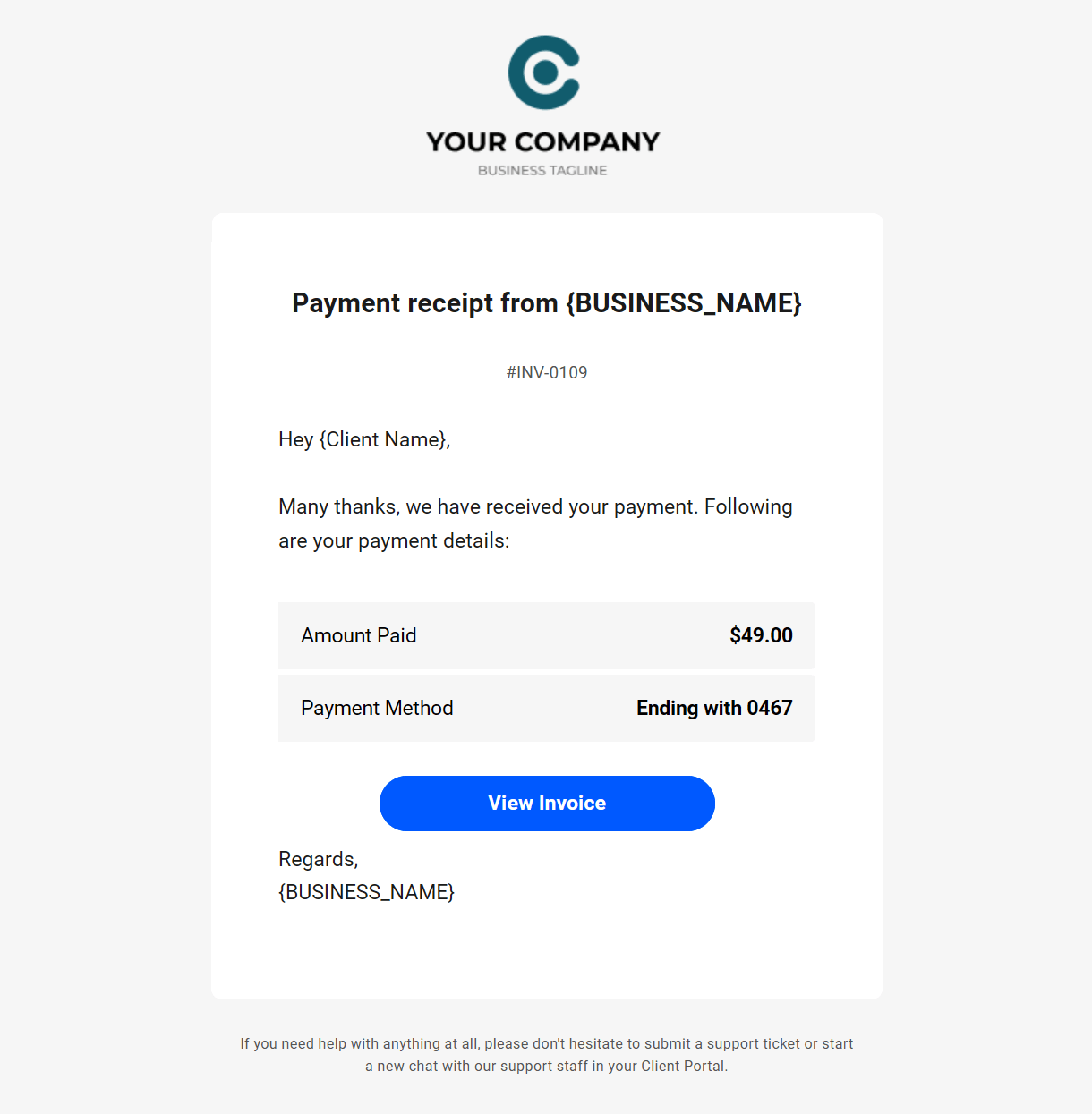 Client billing email to client example - payment receipt