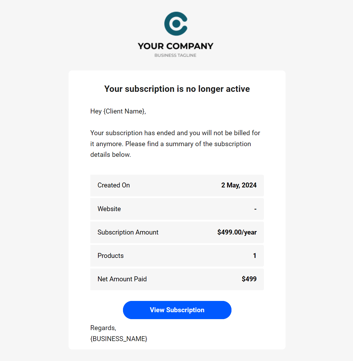 Client billing email to client example - subscription ended