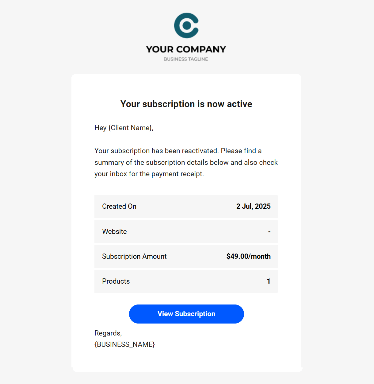 Client billing email to client example - subscription reactivated