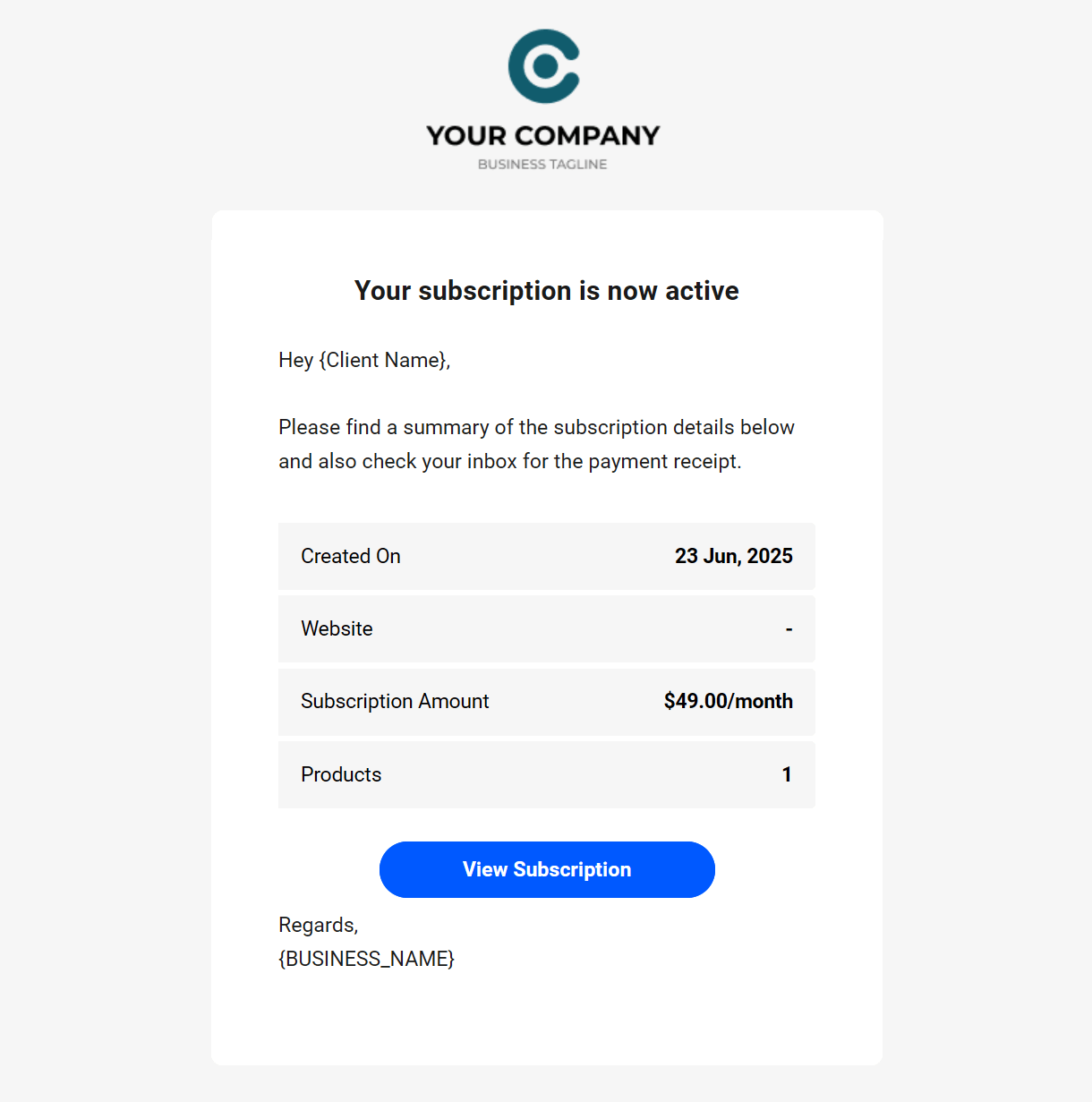 Client billing email to client example - subscription started