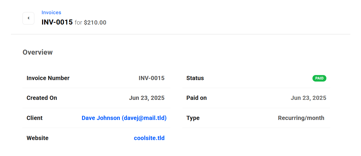Invoice details overview in Client Tools