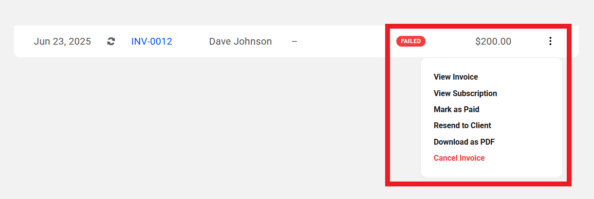 Failed status on Client Tools invoice