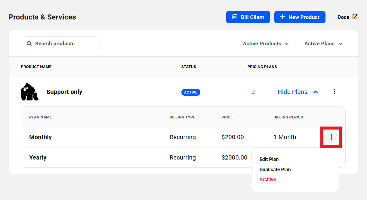 Pricing plan details in a product in Client Tools