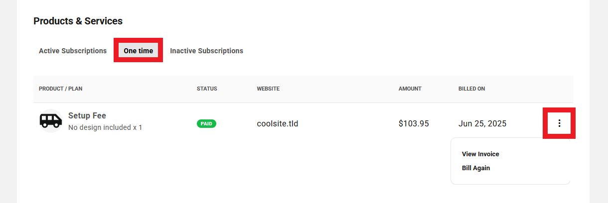 One-time billed products for a site