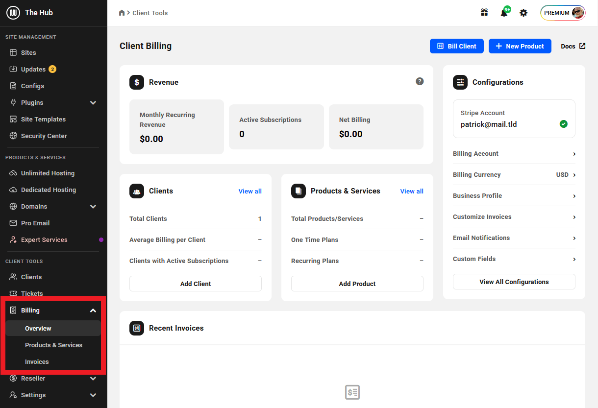 Billing section in Client Tools