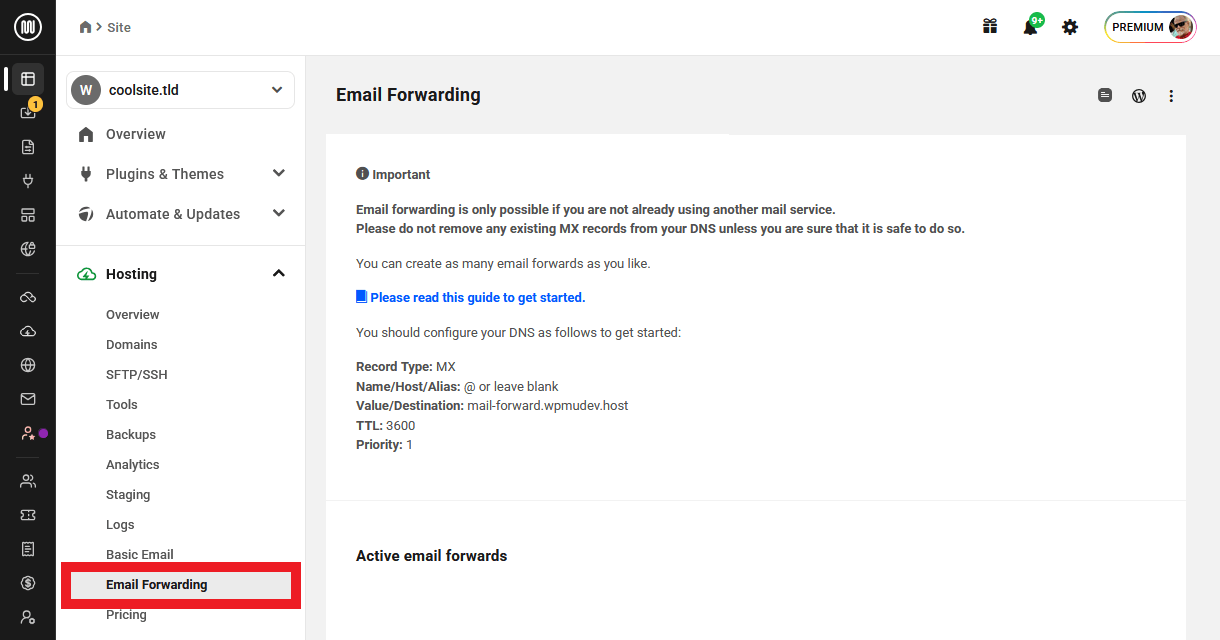 Email Forwarding tab in The Hub