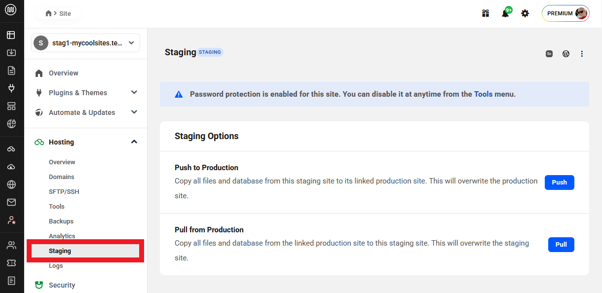Staging screen for an Unlimited hosting staging site