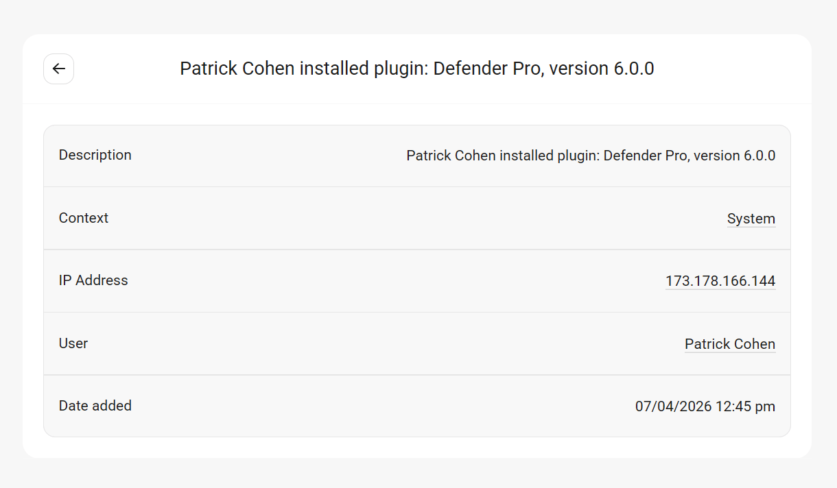 Event log details in Defender Audit Log