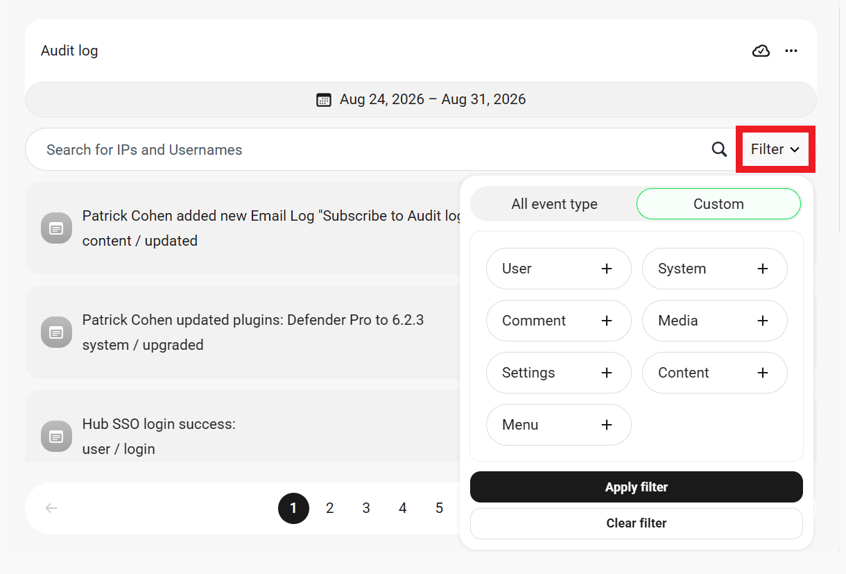 Defender Audit Log filters