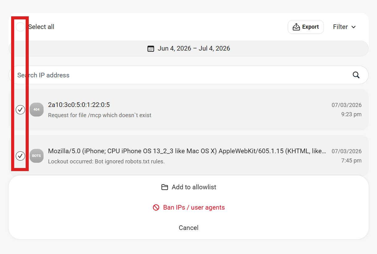 Bulk actions in Defender firewall logs