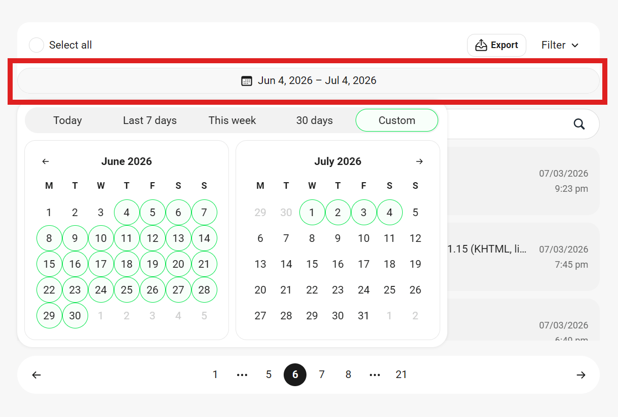 Select a date range in Defender firewall logs