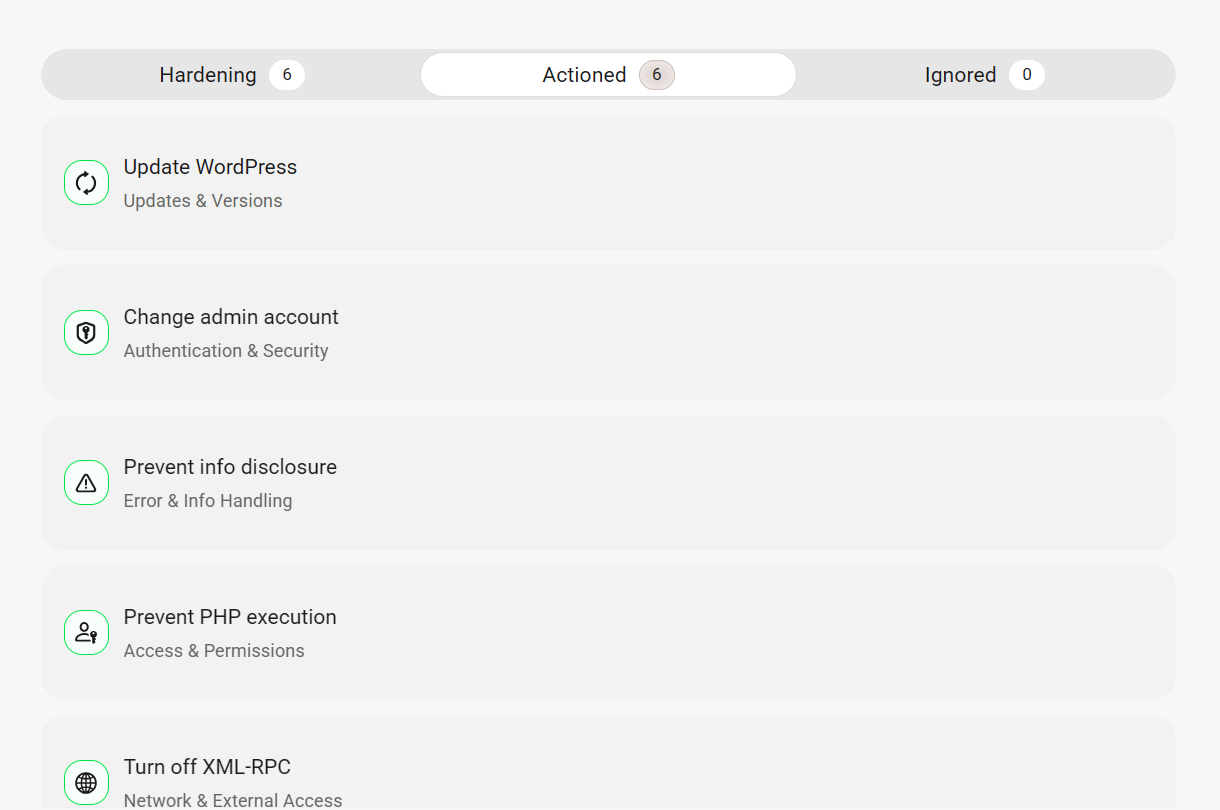Actioned security hardening recommendations