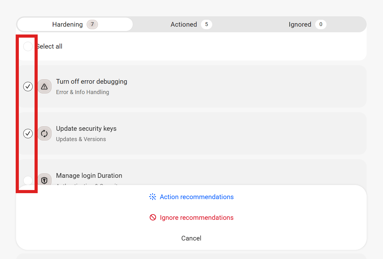 List of security recommendations