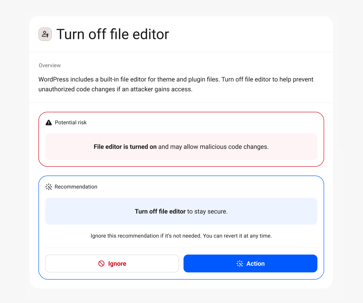 Disable the file editor security recommendation