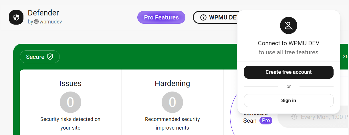 Crossed-out profile icon when site is not connected to a WPMU DEV account
