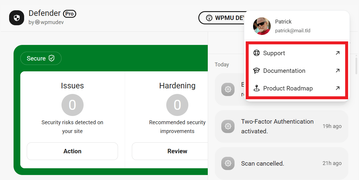 Profile menu links