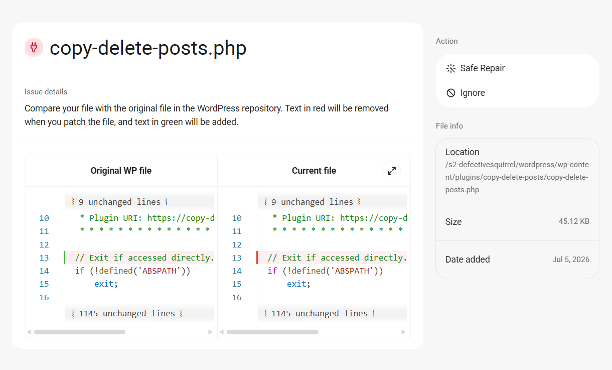 Details of a modified file found in a plugin