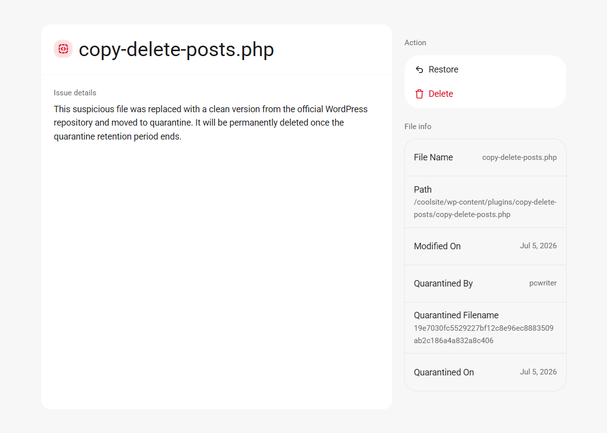 Quarantined file details