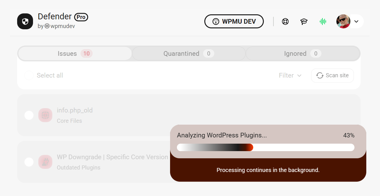 Progress of a security scan from the Issues screen