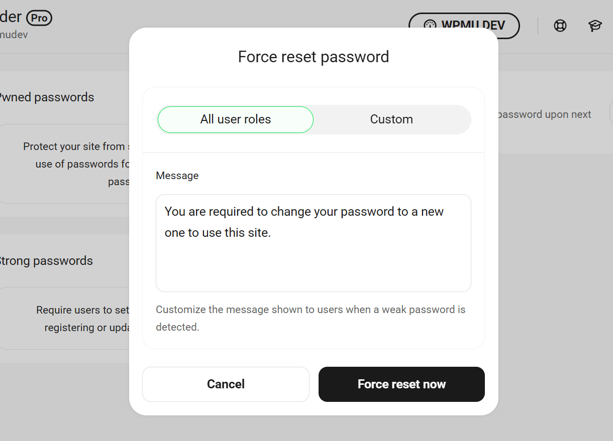 Select user roles in Defender Reset Passwords feature