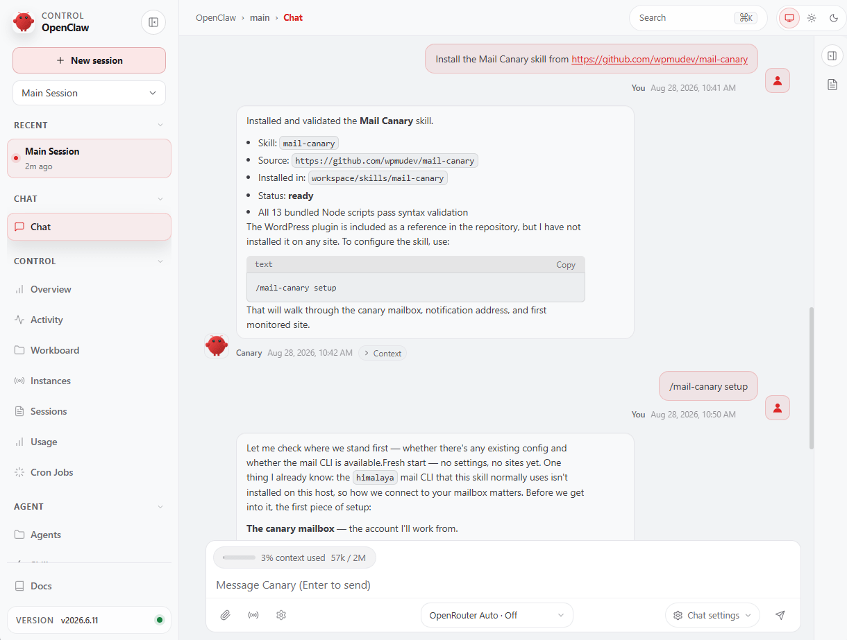 Install the Mail Canary skill and start the setup