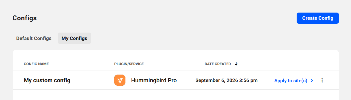 Custom config created in The Hub