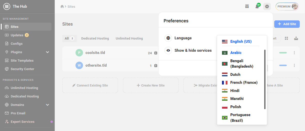 Set your language preference in the Hub