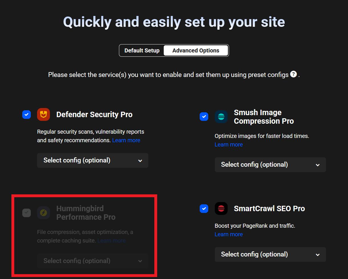 Quick Setup wizard in the Hub showing already active features