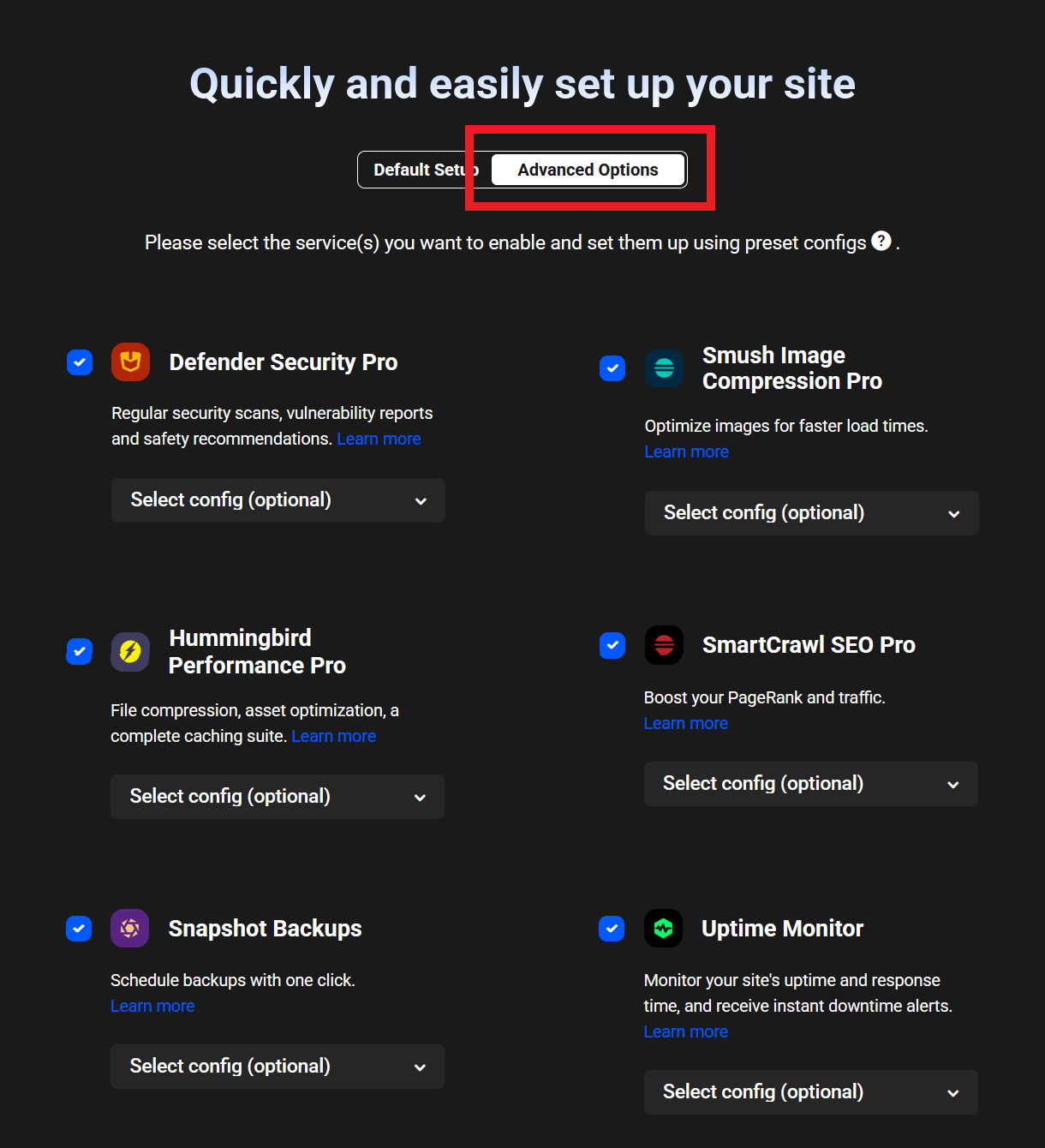 Advanced Quick Setup wizard options in The Hub