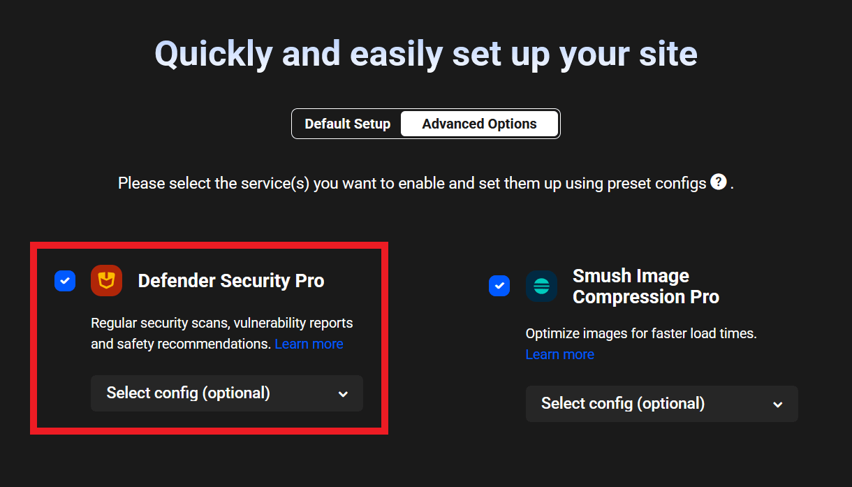 Quick Setup wizard in the Hub showing available features