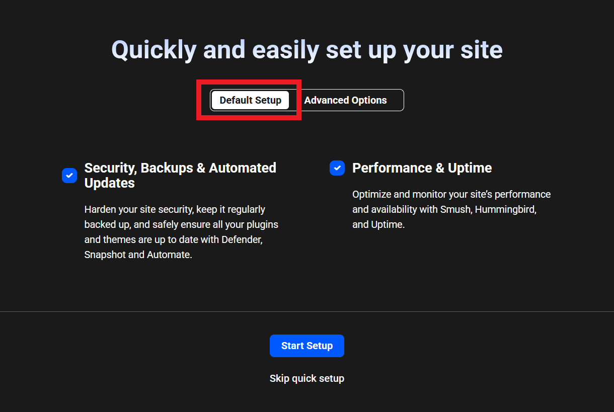 Quick Setup wizard in The Hub