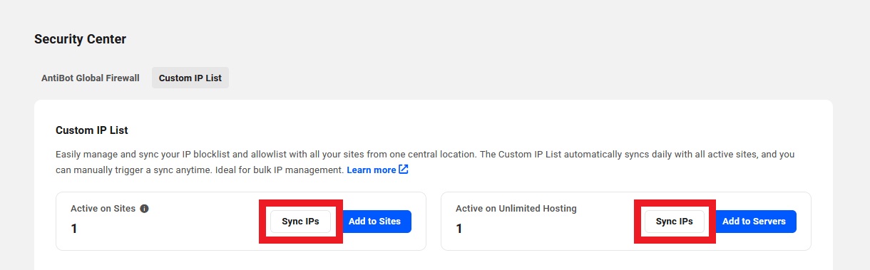 Sync the Custom IP List with sites and servers
