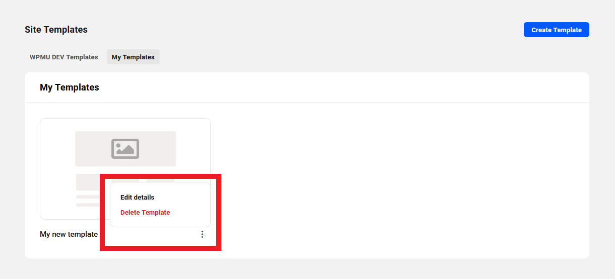 Custom site template management options in The Hub