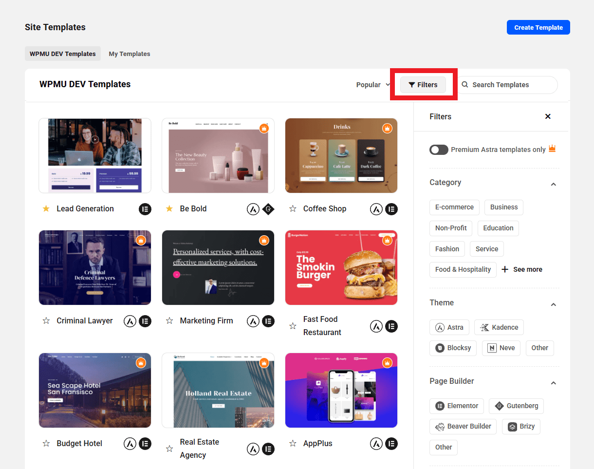Filter site templates in The Hub