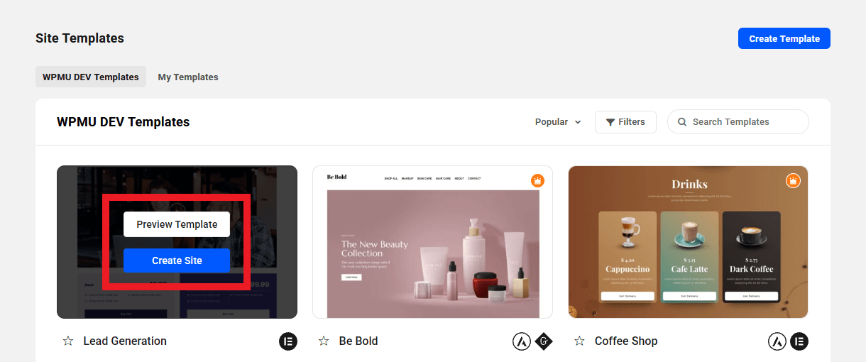 Preview and create a site from a template in The Hub