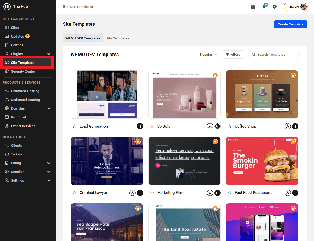Custom site templates in The Hub