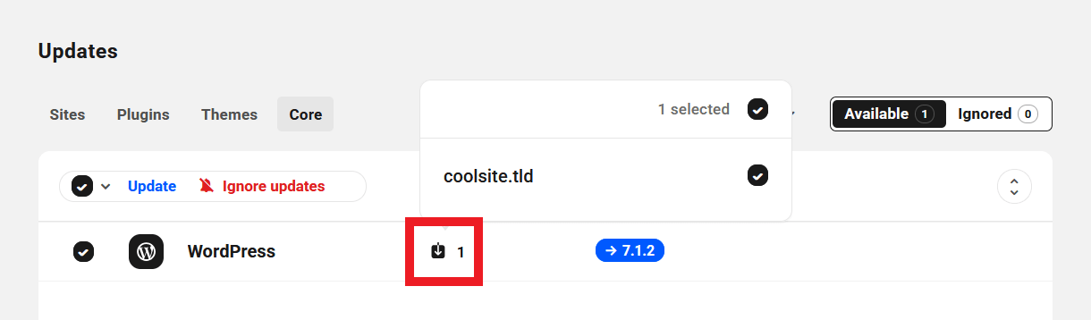 Update WordPress core on selected sites in The Hub