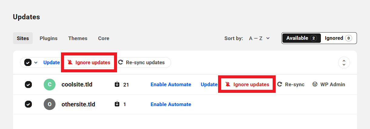 Ignore updates in The Hub