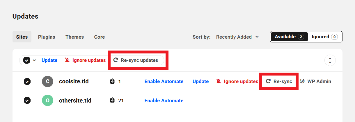 Re-sync updates for a specific site or all sites