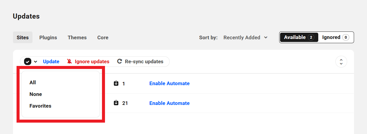 Bulk select sites to update in The Hub