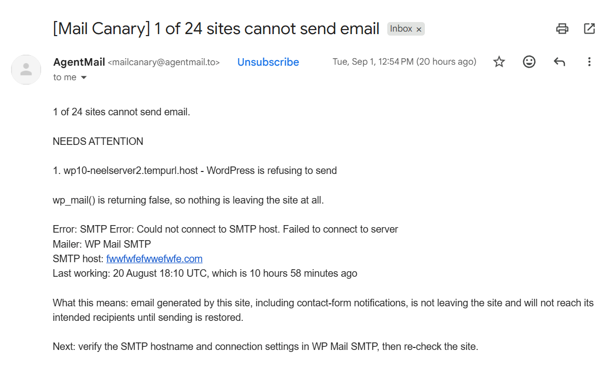 Failure email sent from Mail Canary