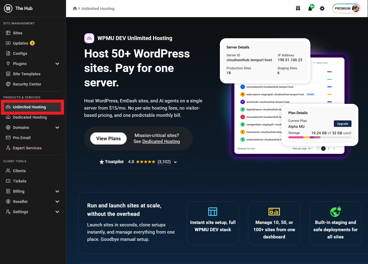 Unlimited Hosting landing page in The Hub